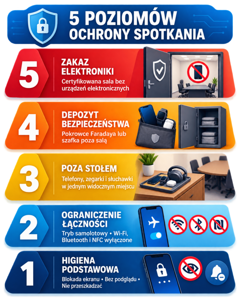 Im bardziej poufne spotkanie, tym wyższy poziom ochrony — od podstawowej higieny cyfrowej po całkowity zakaz elektroniki.
