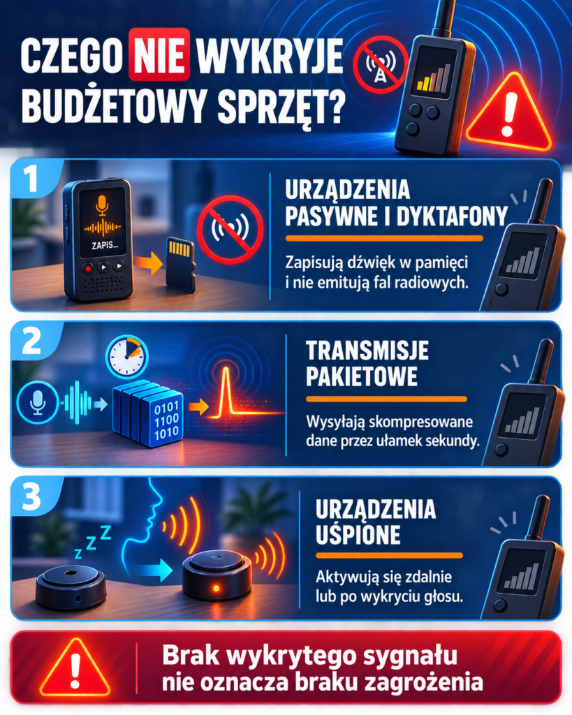 Budżetowy detektor wykrywa sygnały, nie każde zagrożenie - urządzenia pasywne, uśpione i nadające krótkimi impulsami mogą pozostać niezauważone