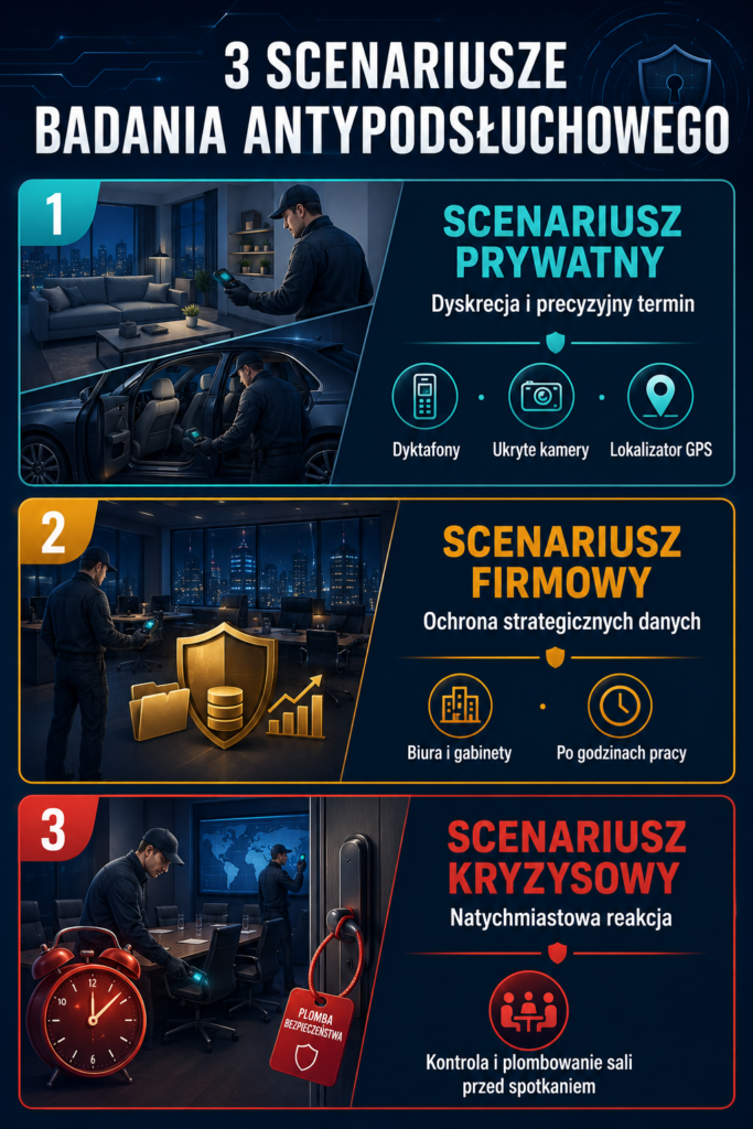 Każdy scenariusz wymaga innego tempa i zakresu działania — od dyskretnej kontroli domu, przez ochronę danych firmowych, po natychmiastowe zabezpieczenie kluczowego spotkania.

