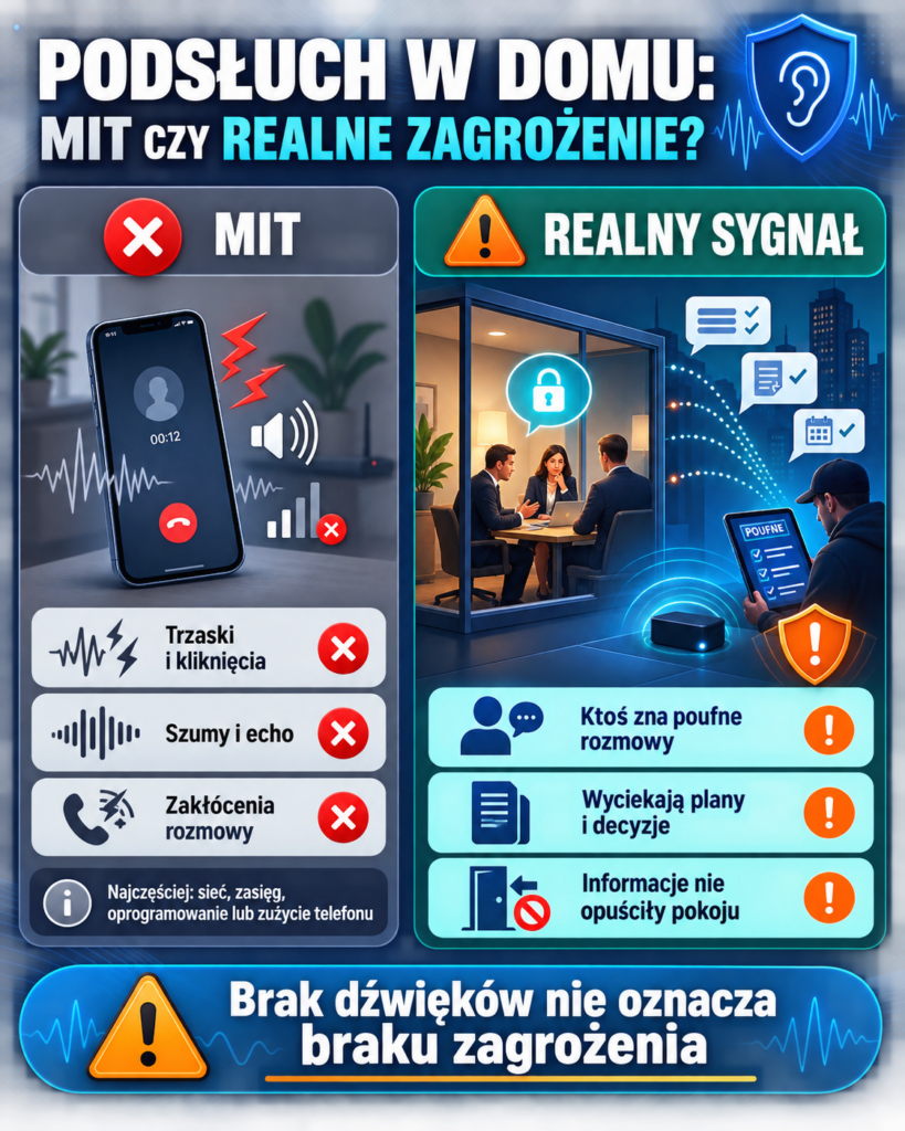 Trzaski, szumy i echo najczęściej wynikają z problemów technicznych. Prawdziwym sygnałem ostrzegawczym jest wyciek informacji, które miały pozostać w czterech ścianach.
